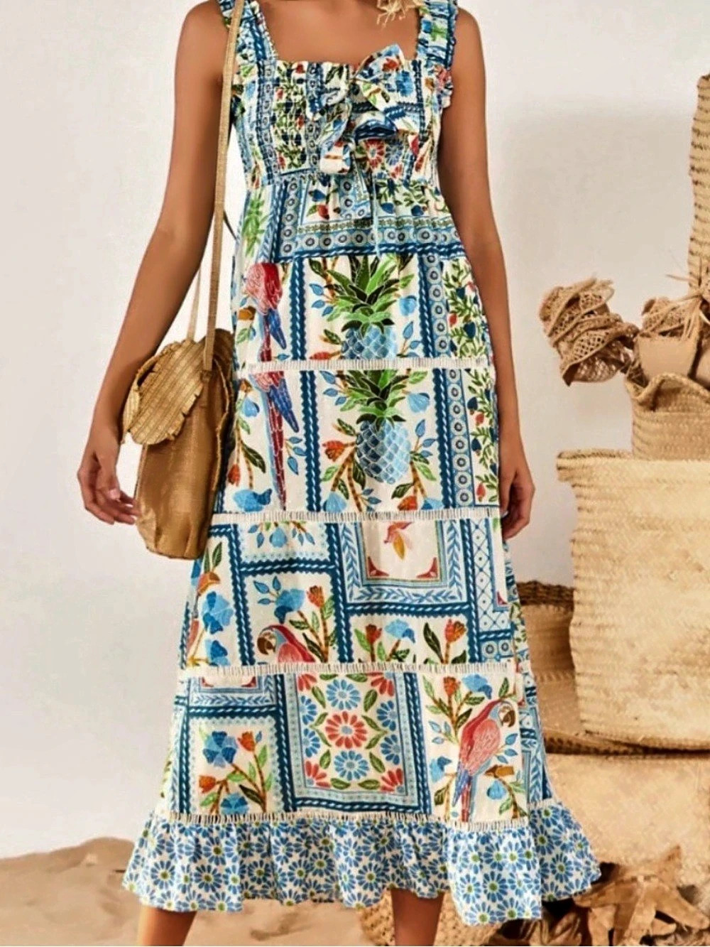 Farm Rio Multicolor Landscape Adjustable Straps Maxi Dress